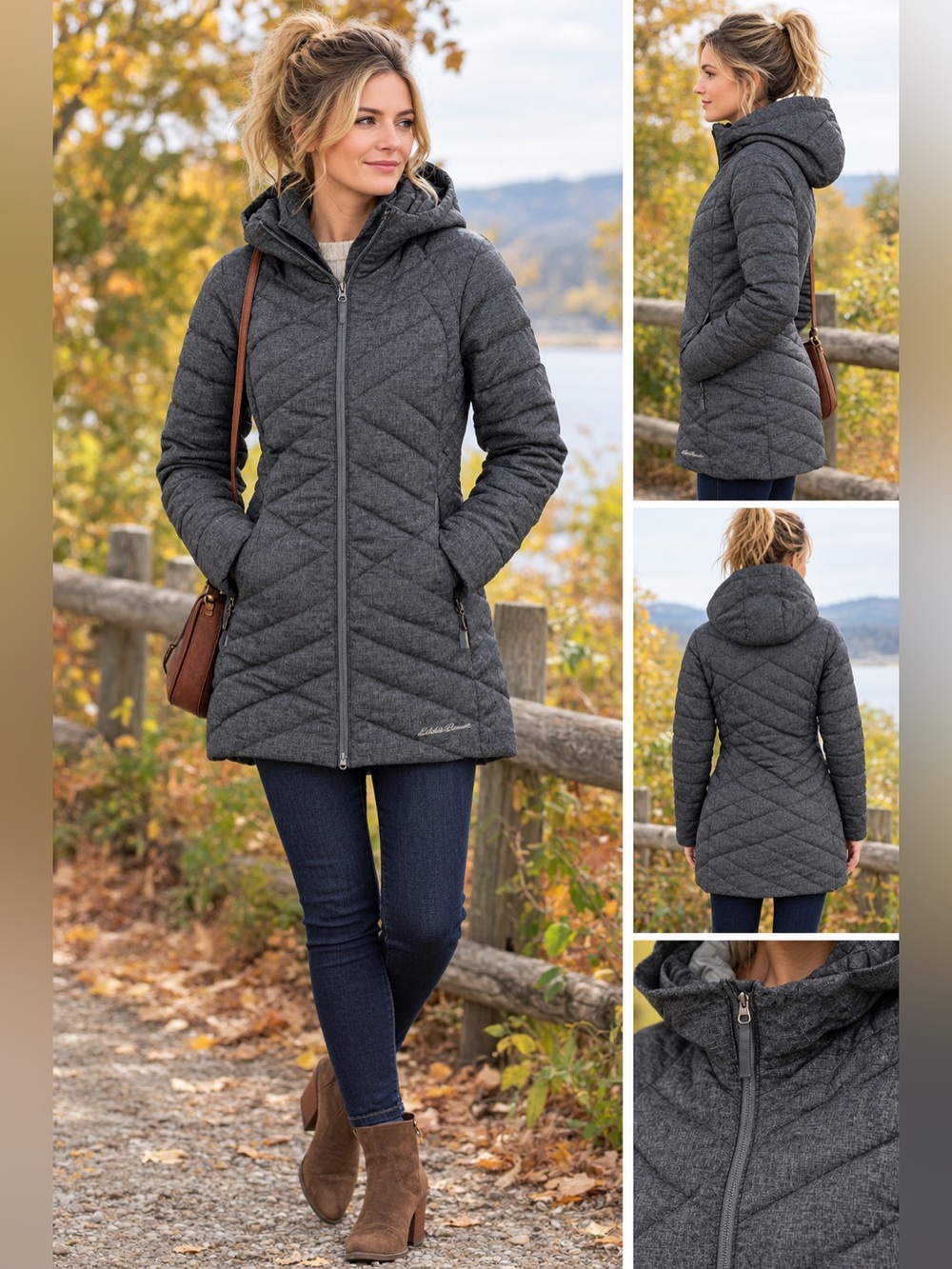 Eddie Bauer Women’s S Down Puffer Parka Hooded Quilted Gray Winter Coat